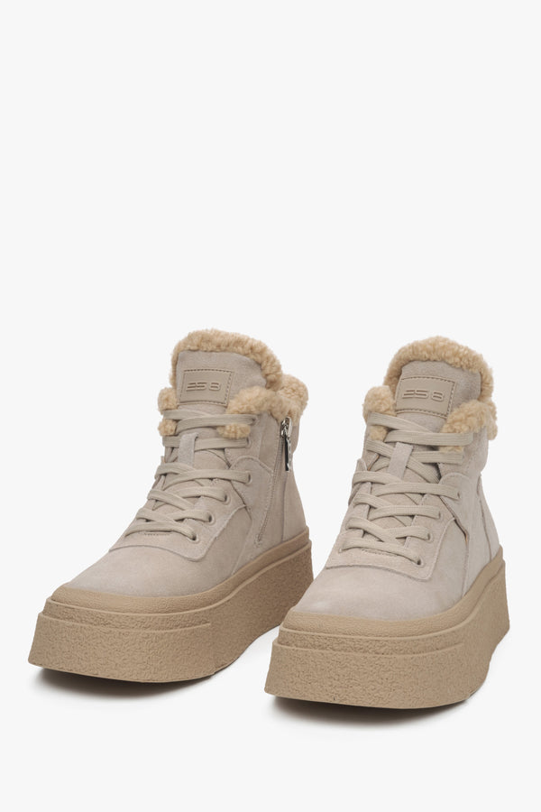 Women's Beige High-Top Sneakers with Velour and Wool Lining for Winter - toeline.