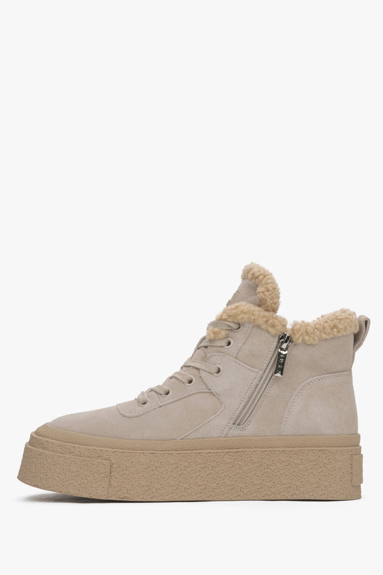 Beige High-Top Sneakers for Women, Wool-Lined with Velour for Winter - shoe sideline.