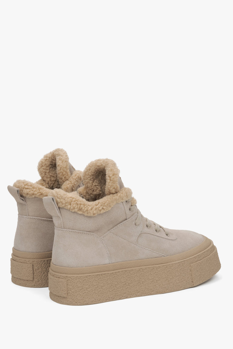 Women's High-Top Beige Sneakers with Wool Lining and Velour for Winter - a close-up on shoe's heel line.