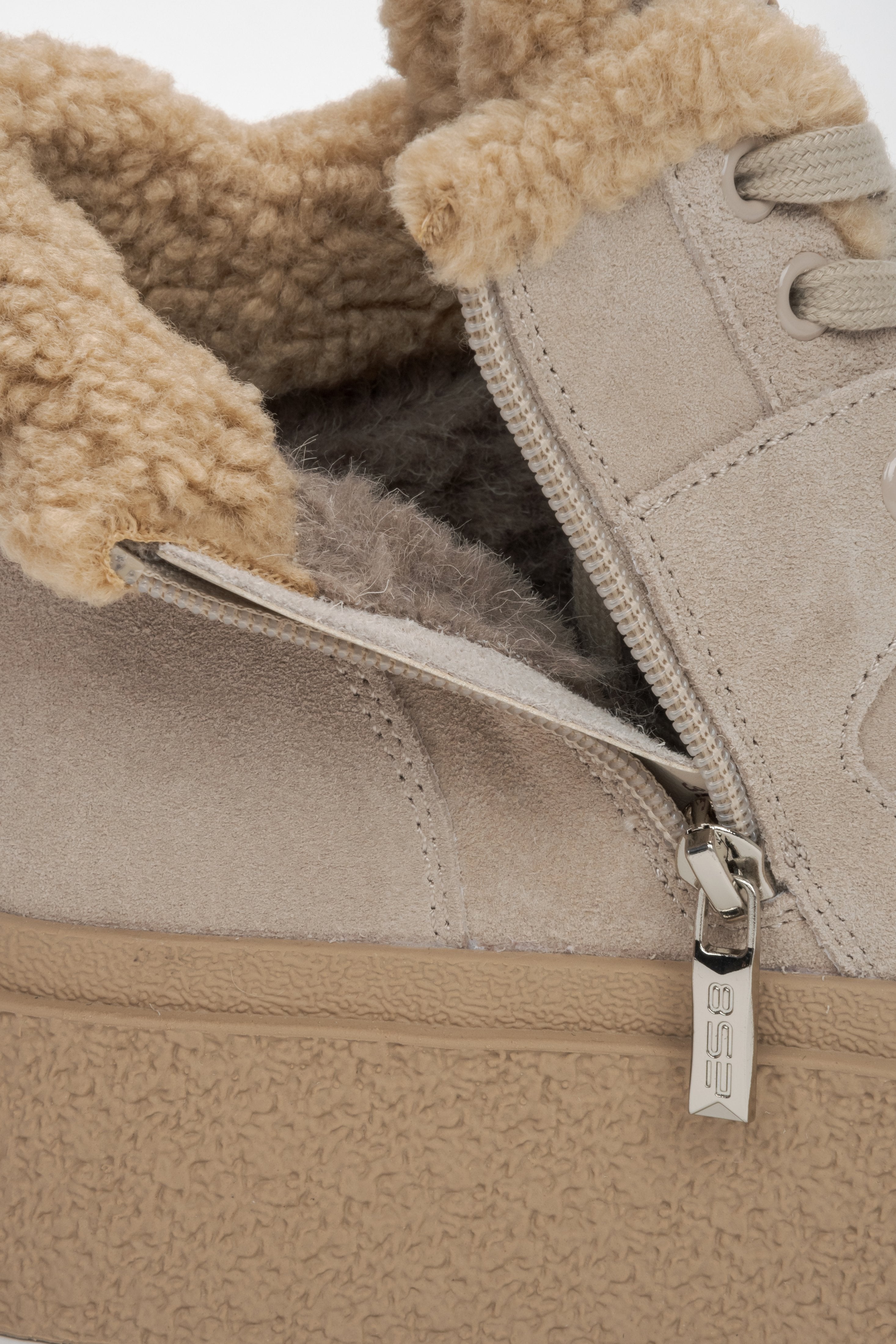 Women's Beige High-Top Sneakers, Wool-Lined with Velour for Winter Wear - details.