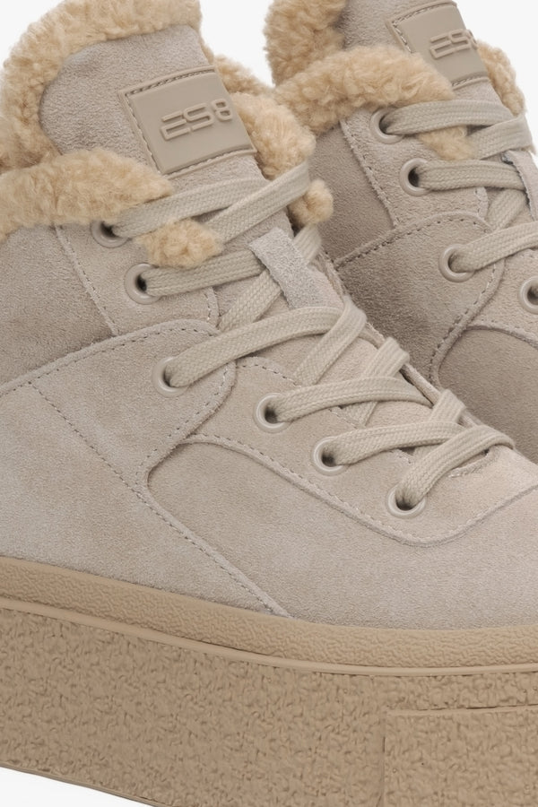 Beige High-Top Sneakers with Velour and Wool Lining for Winter - a close-up pn decorative lacing.