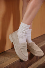 Women's Beige Penny Loafers made of Premium Italian Genuine Velour Estro.