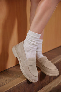 Women's Beige Penny Loafers made of Premium Italian Genuine Velour Estro.