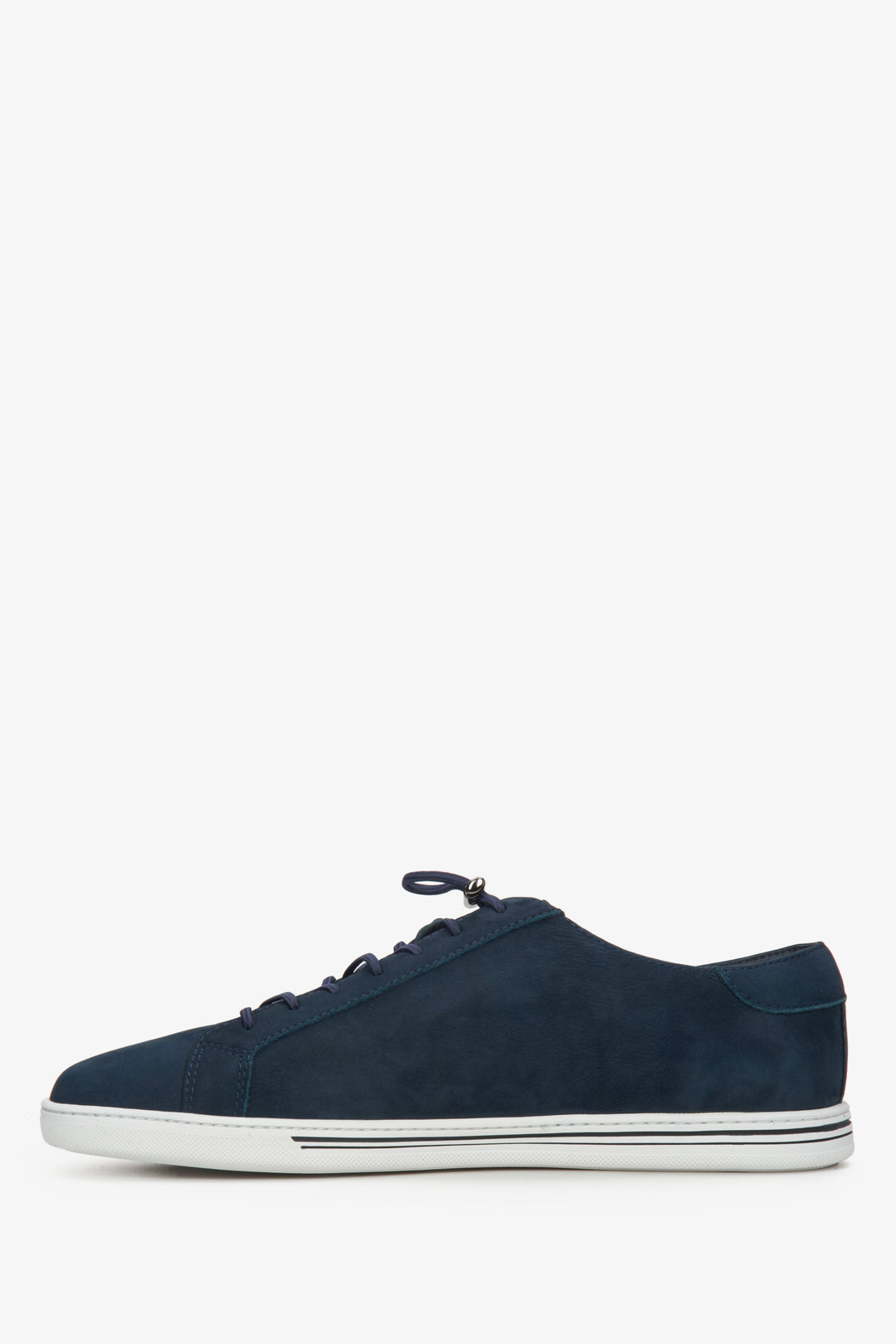 Navy blue men's nubuck sneakers with an elastic turnbuckle - shoe profile.