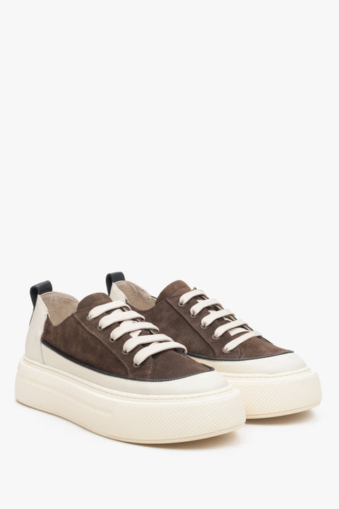 Women's low top sneakers made of natural leather in brown and beige.