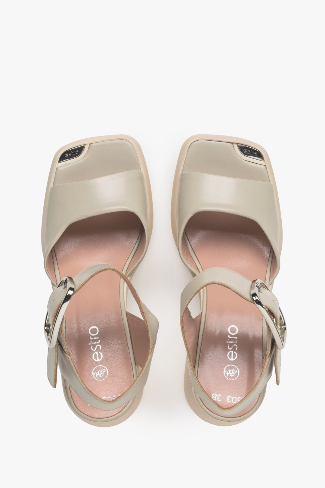 Women's beige-grey Estro sandals made of genuine leather - top view presentation of the model.