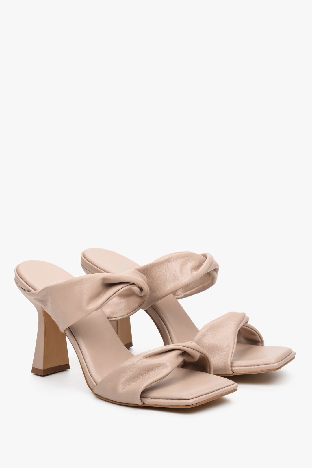 Women's beige leather sandals by Estro with woven straps - close-up on details.