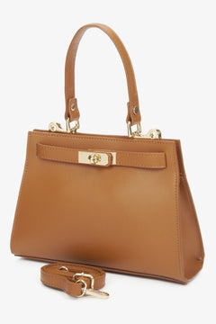 Premium quality light brown satchel handbag for women, designed by Estro using Italian genuine leather.