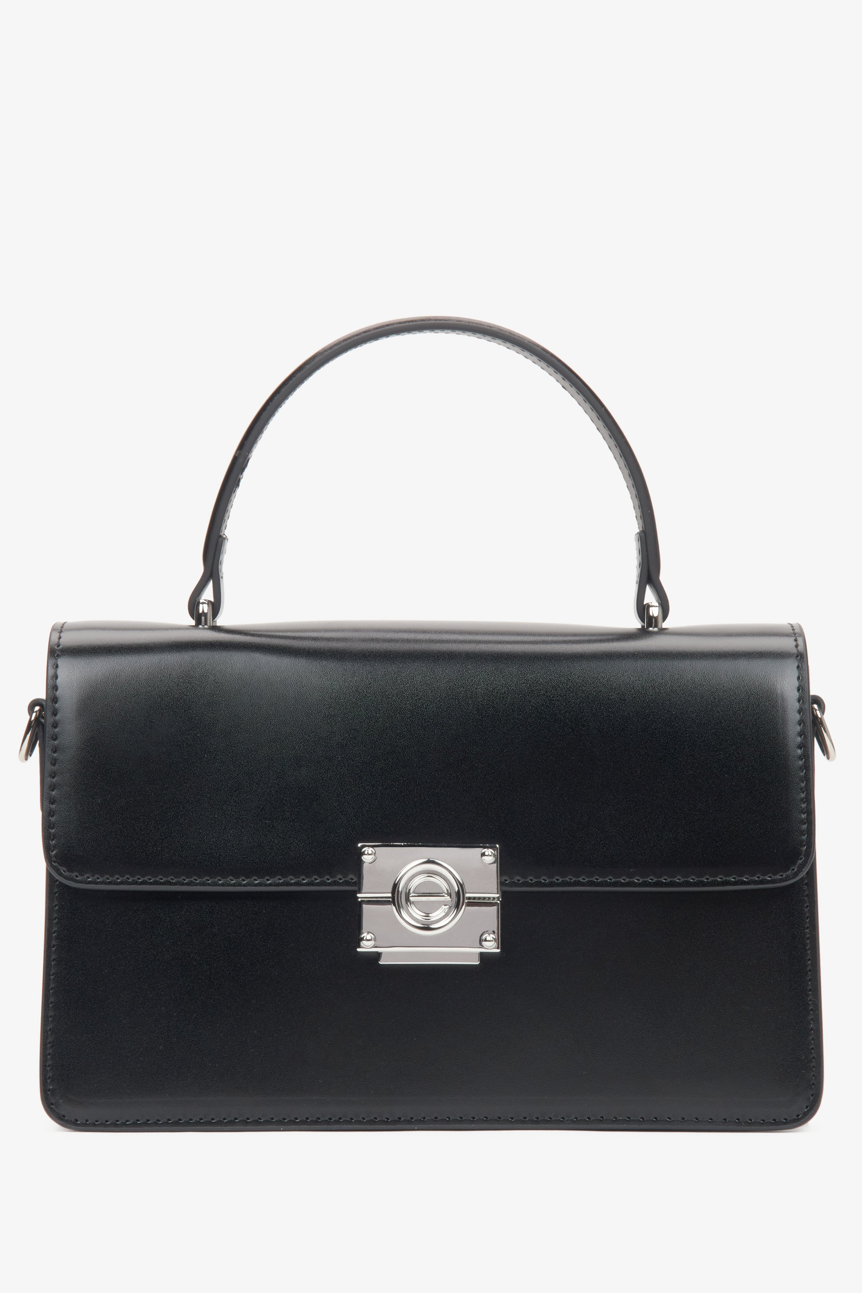 Women's black handbag by Estro featuring sleek silver hardware for a modern and refined look.