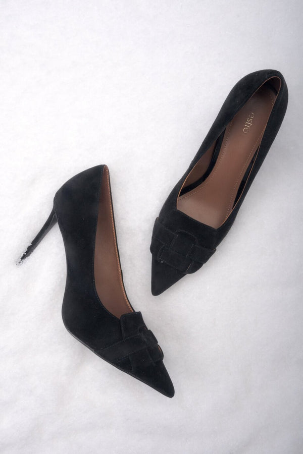 Black High Heels made of Genuine Velour with Decorative Detail Estro ER00118173.