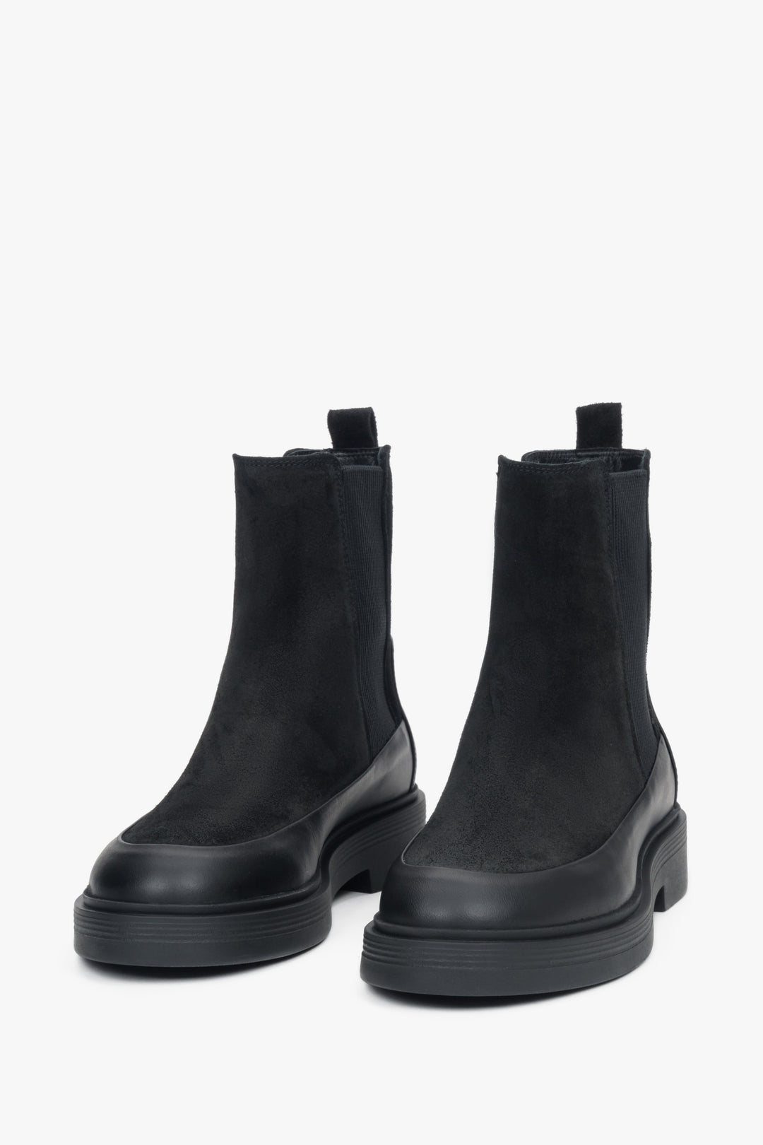 Black Chelsea boots for women, combining premium natural leather with Italian velours.