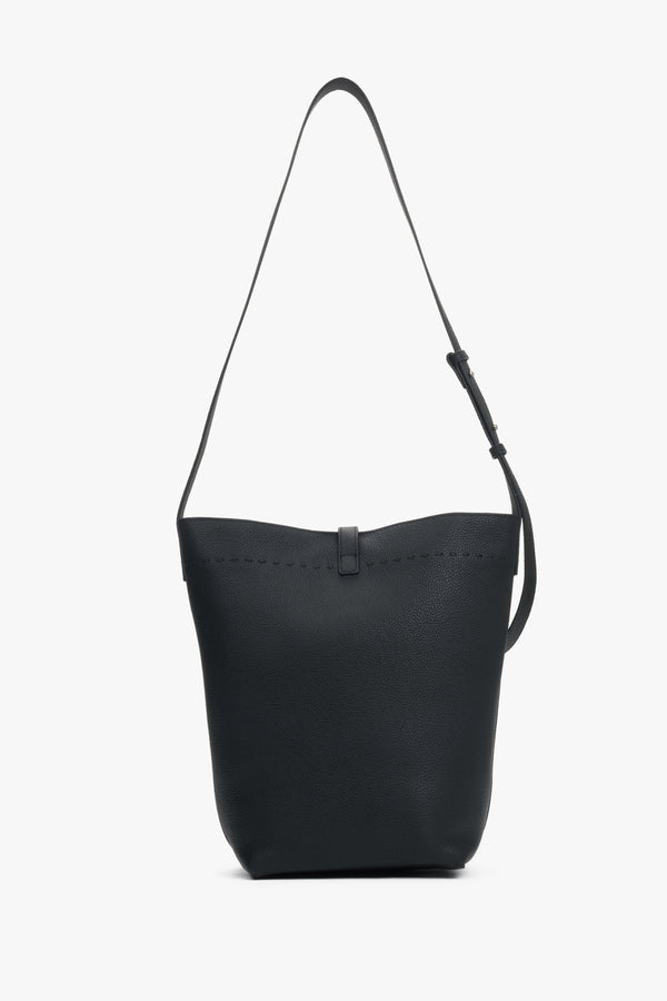Women's black bucket bag made of genuine leather with a shoulder strap.