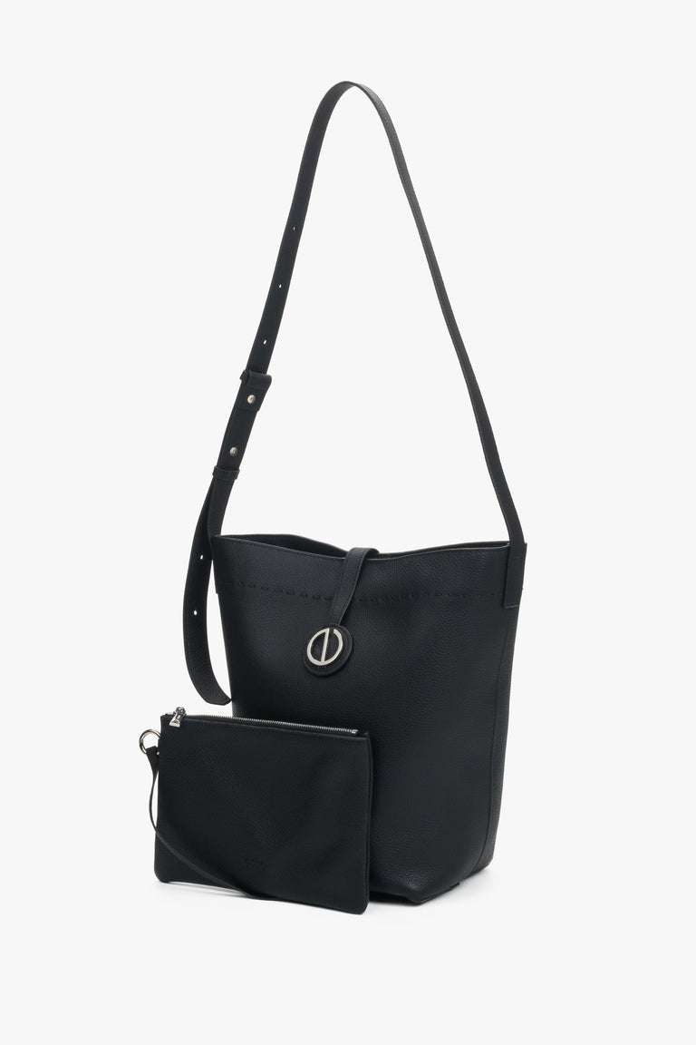 A women's bucket bag in black, crafted from genuine natural leather.