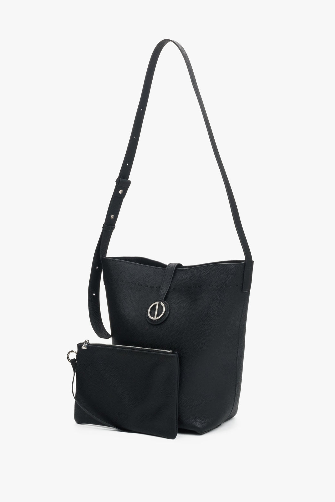 A women's bucket bag in black, crafted from genuine natural leather.
