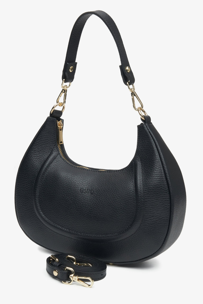 Elegant black crescent-shaped shoulder bag for women made of natural Italian leather Estro.