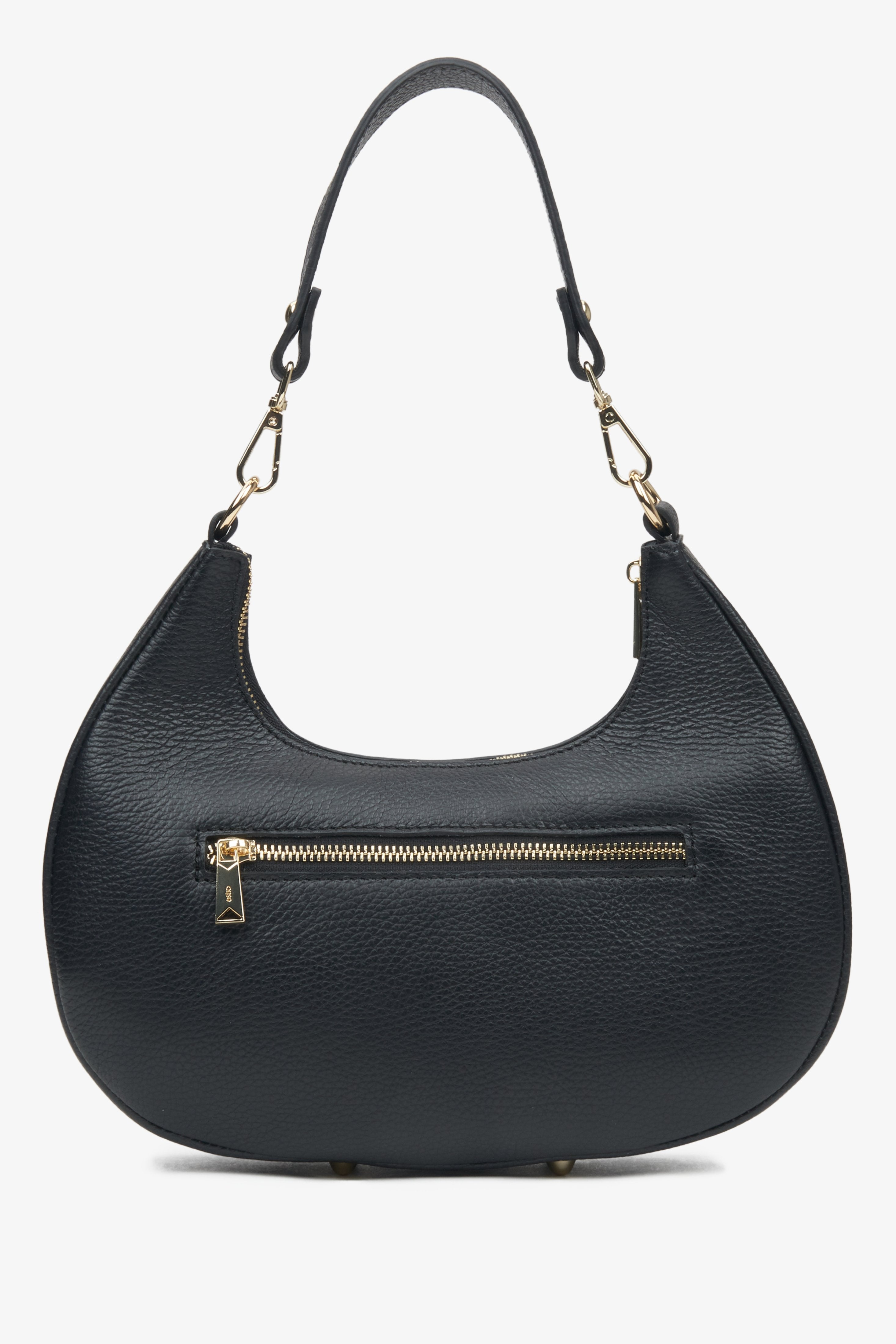 Black leather crescent-shaped shoulder bag for women by Estro.