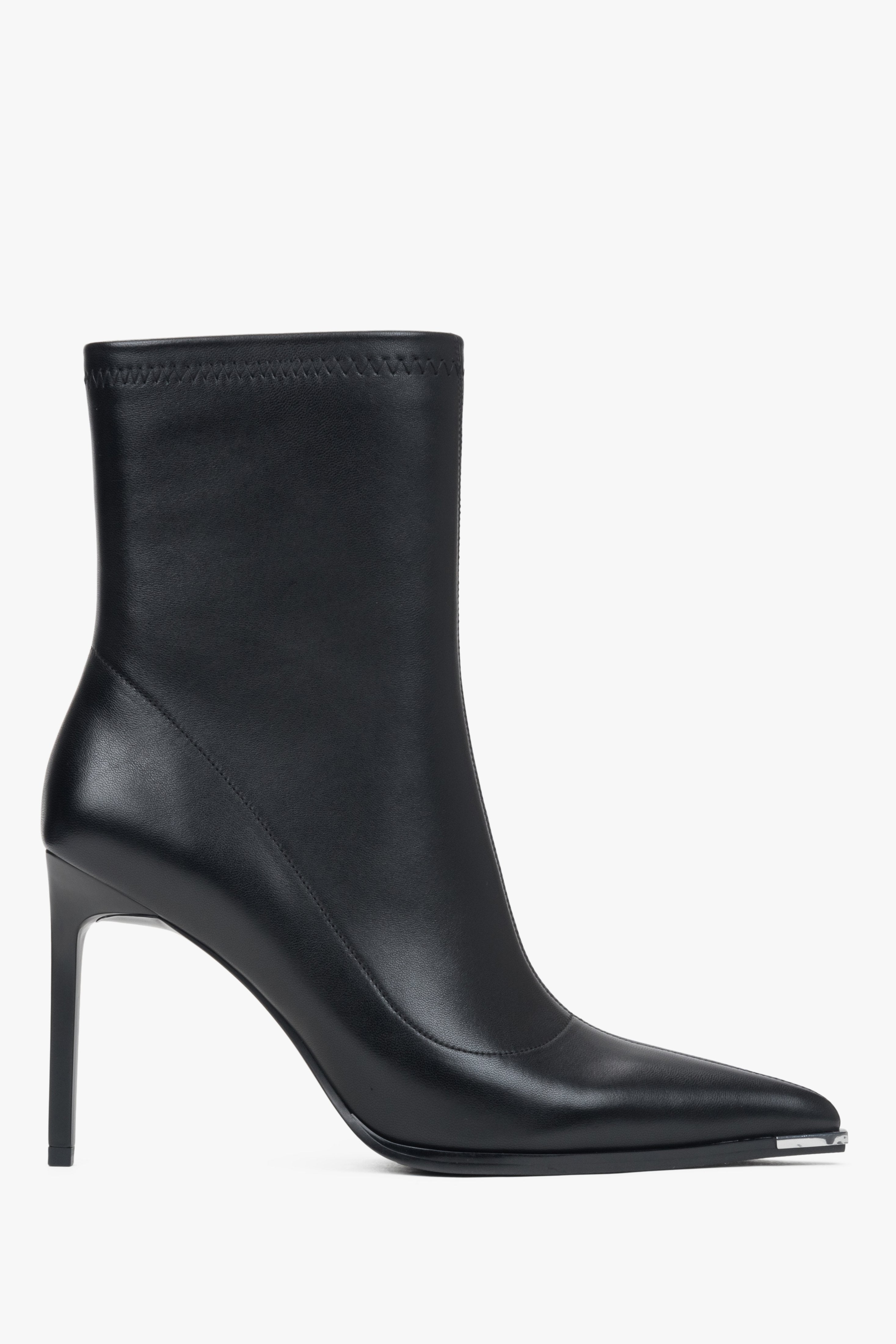 Women's Black Leather Stiletto Ankle Boots with an Elastic Shaft by Estro.