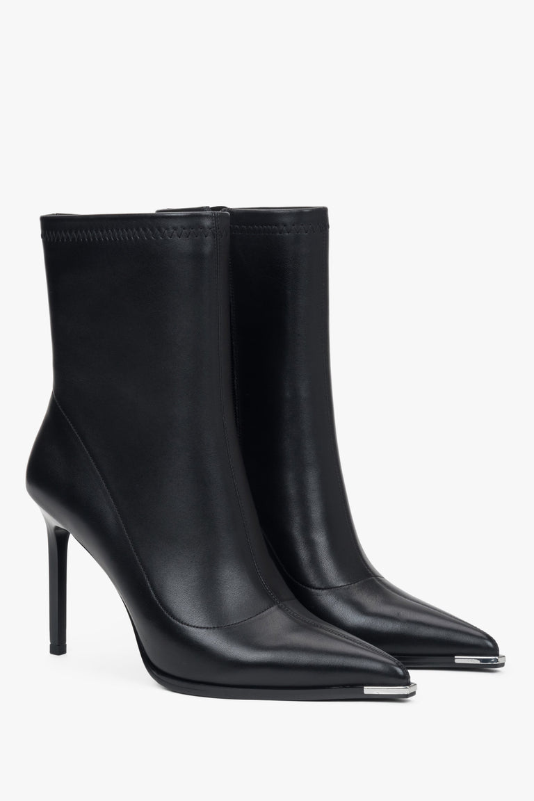 Black Stiletto Ankle Boots for Women in Leather with an Elastic Shaft by Estro.