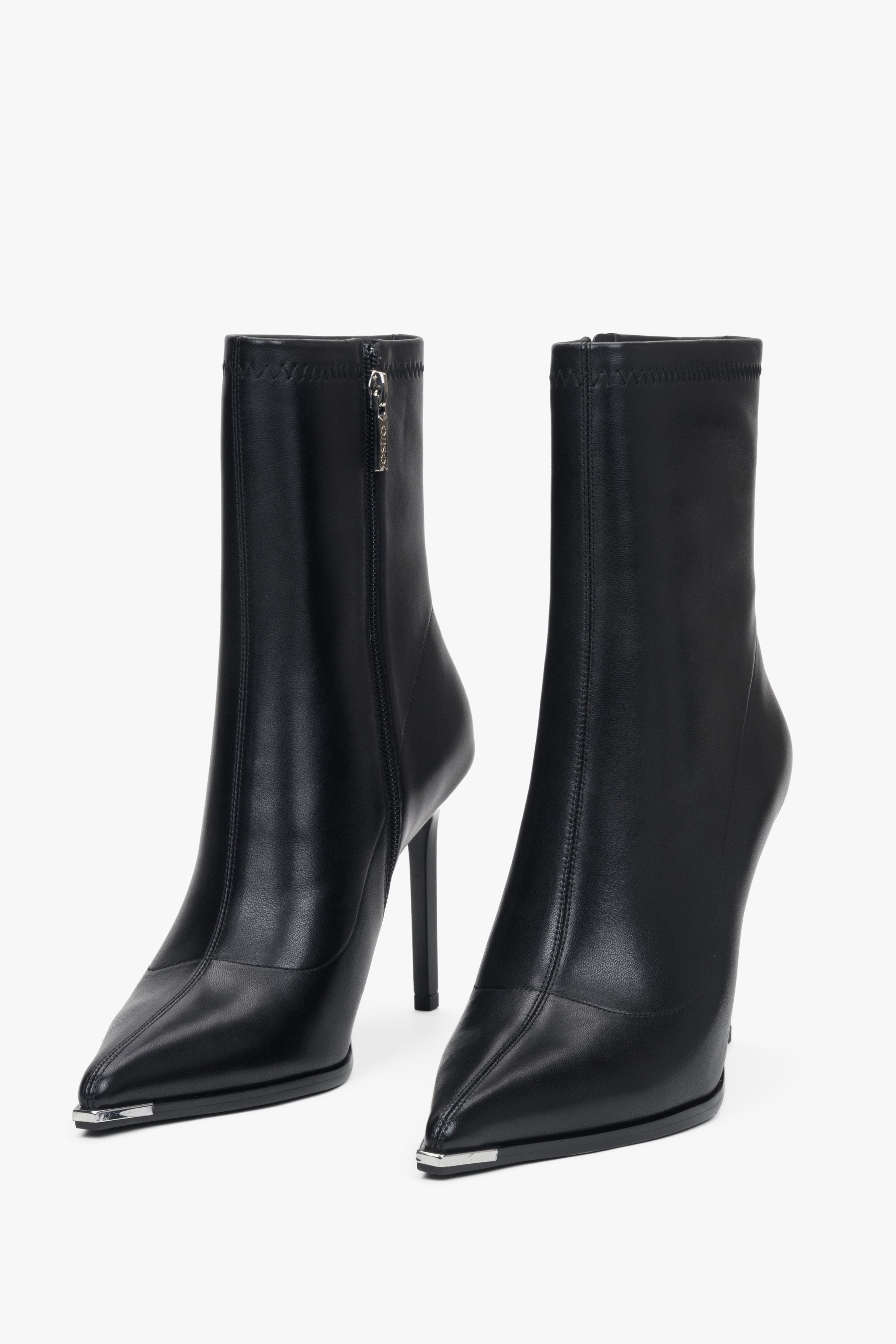 Women's Leather Stiletto Ankle Boots in Black with an Elastic Shaft Crafted by Estro.