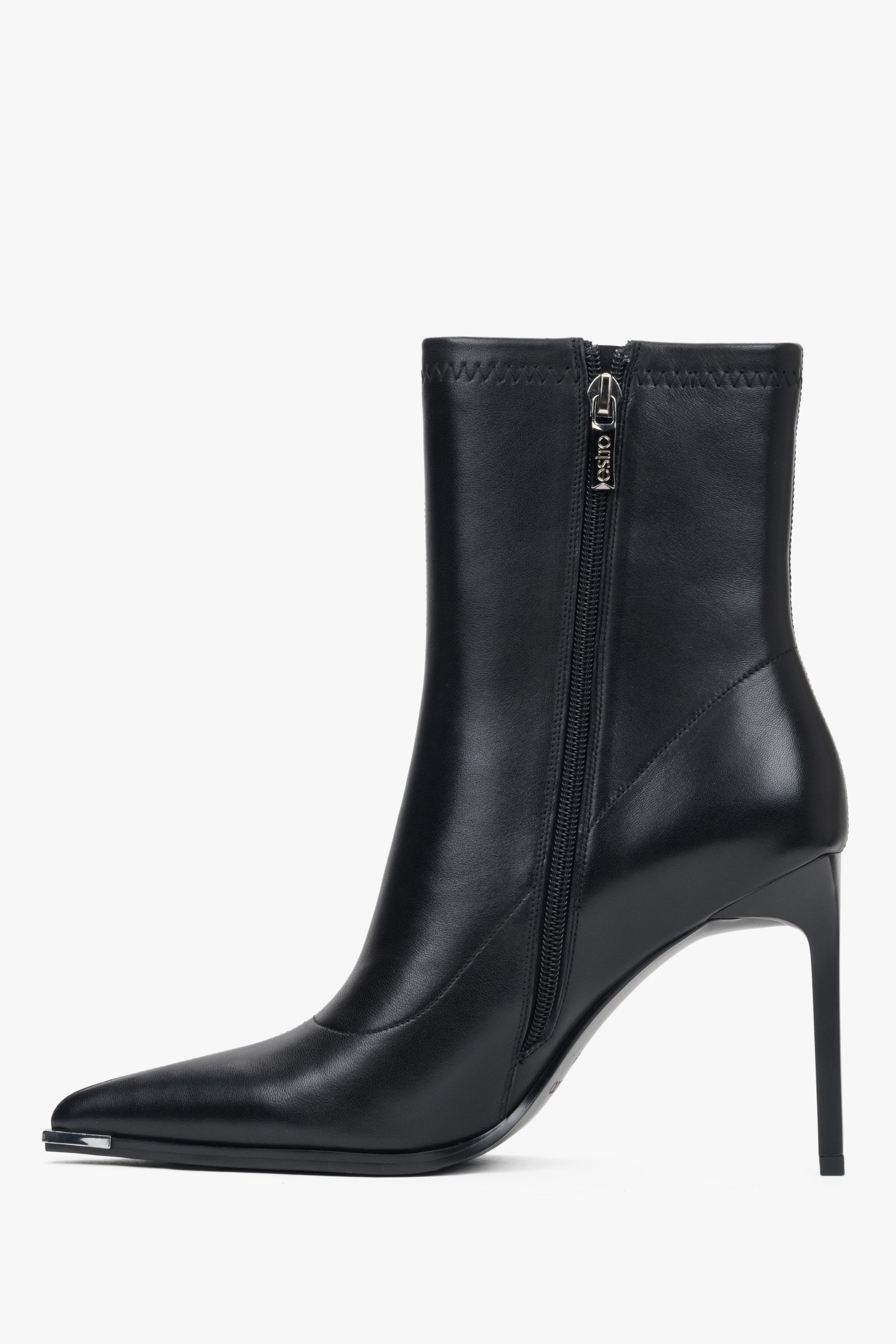 Estro Women's Black Stiletto Ankle Boots Made of Leather with an Elastic Shaft - shoe sideline.