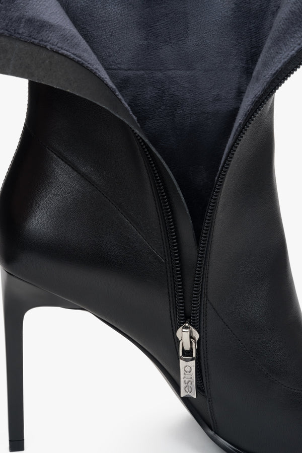 Women's Black Leather Ankle Boots Featuring a Stiletto Heel and Elastic Shaft by Estro