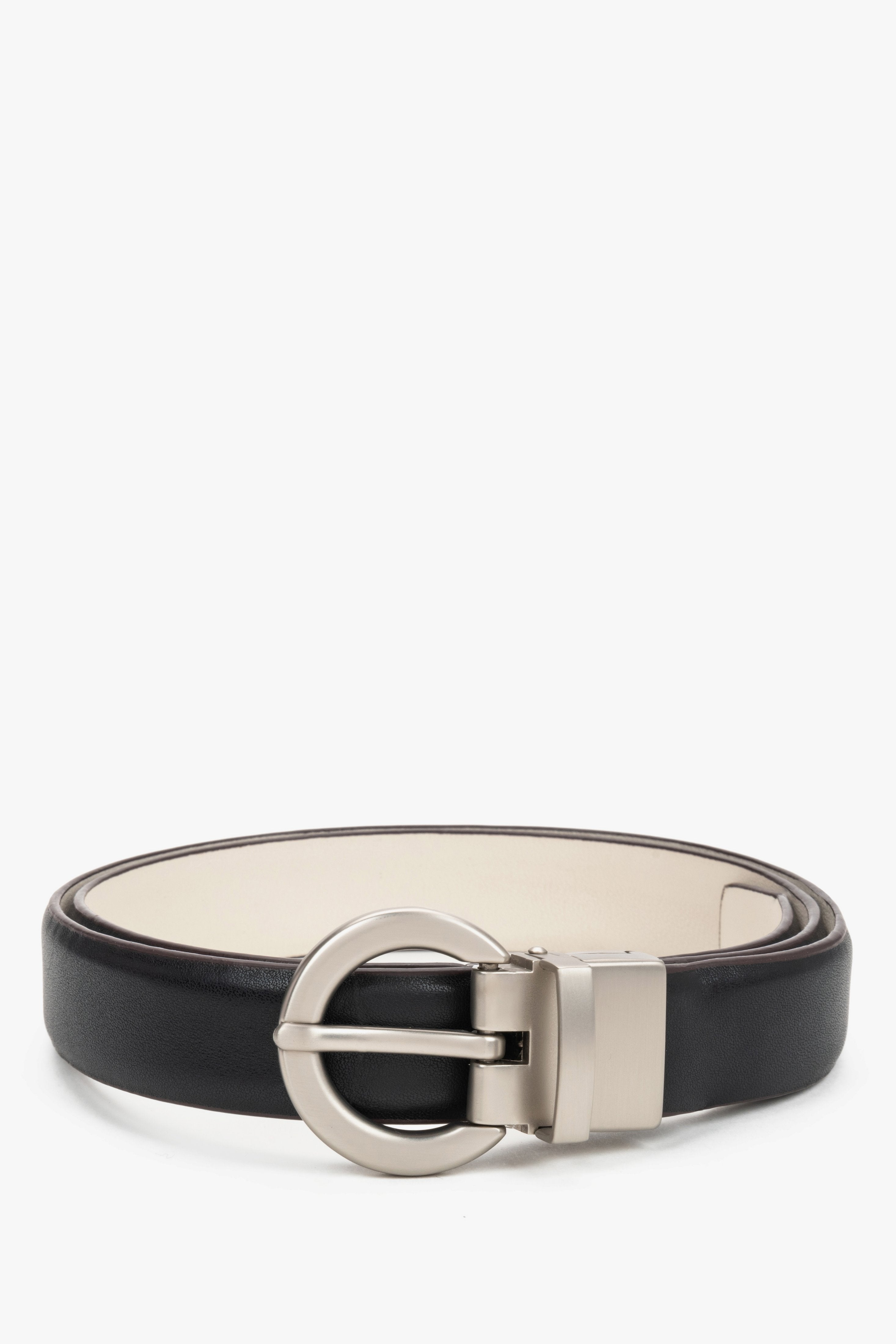 Black Leather Women's Belt with a Round Silver Buckle Estro Estro ER00120708.