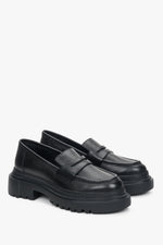 Women's Black Leather Chunky Platform Loafers Estro ER00110029