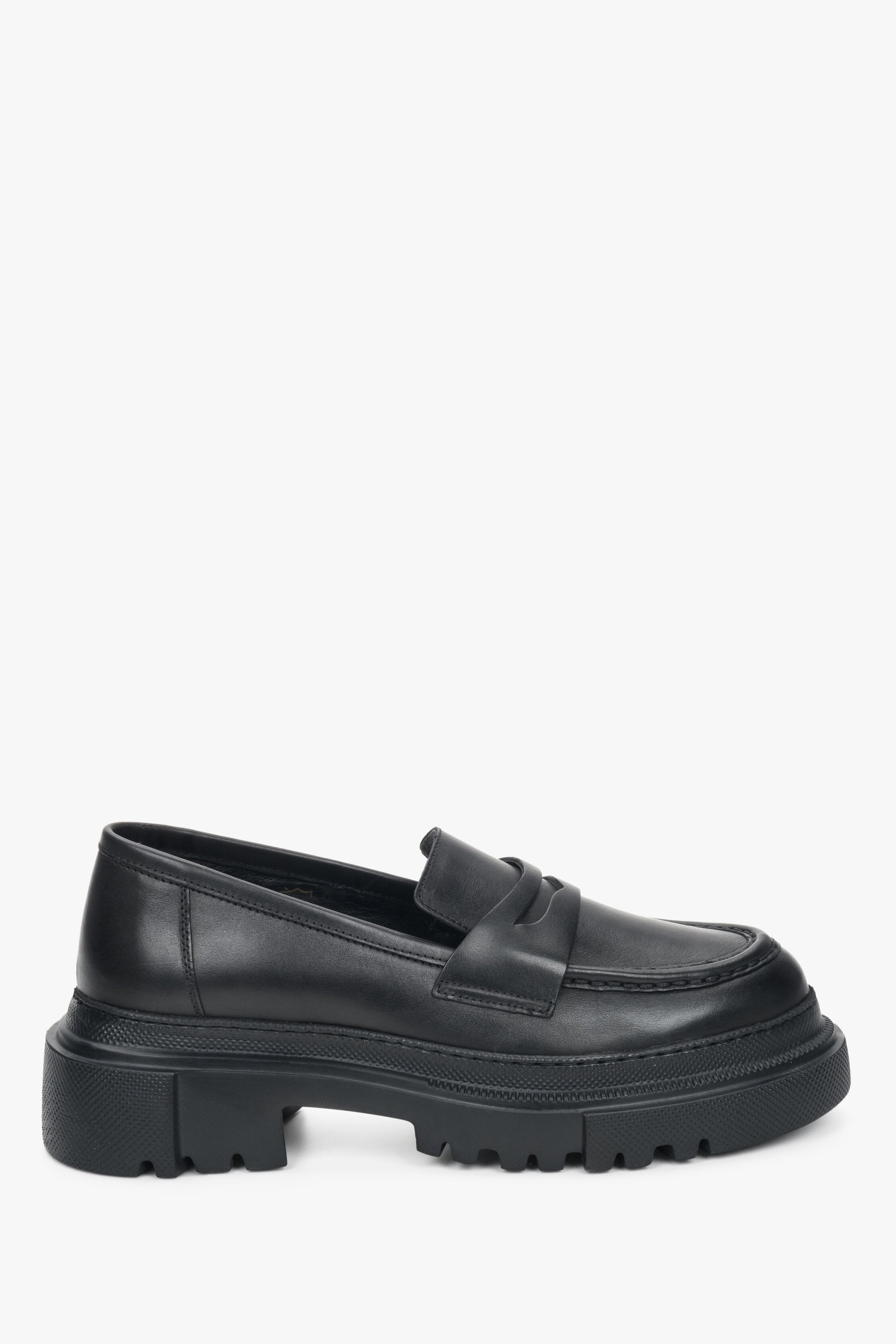 Women's Black Leather Chunky Platform Loafers Estro ER00110029