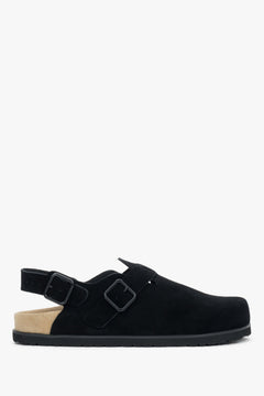 Black closed-toe mules for women, crafted from genuine natural suede.