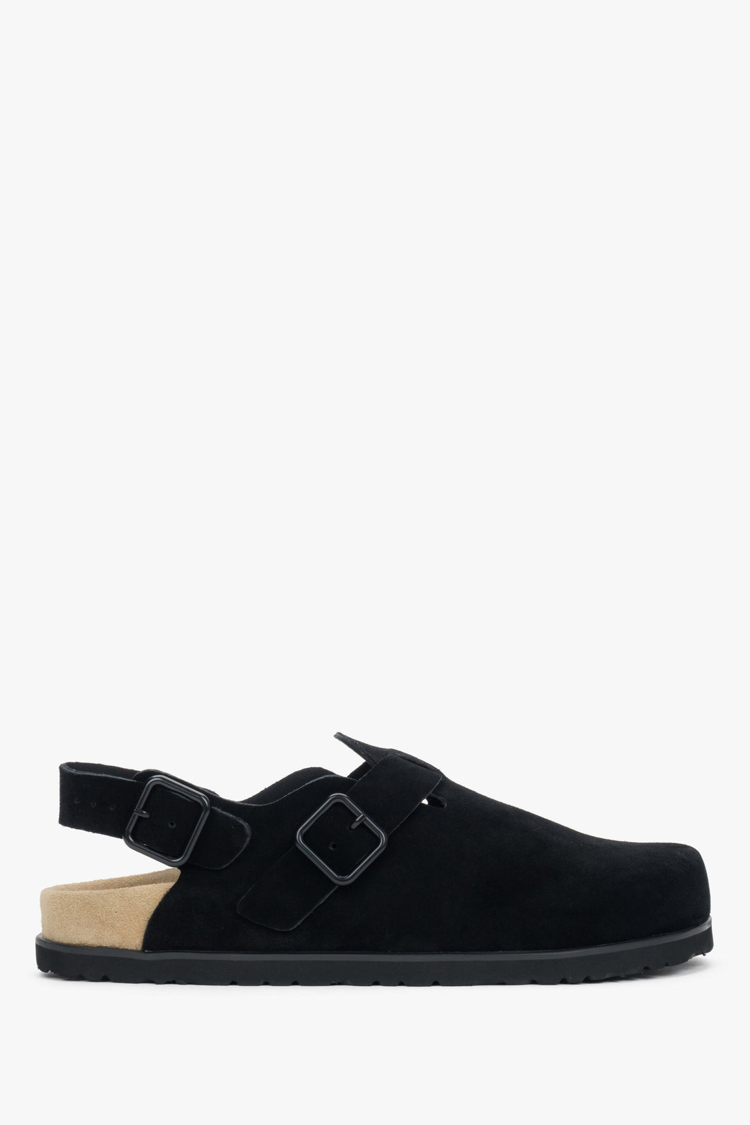 Black closed-toe mules for women, crafted from genuine natural suede.