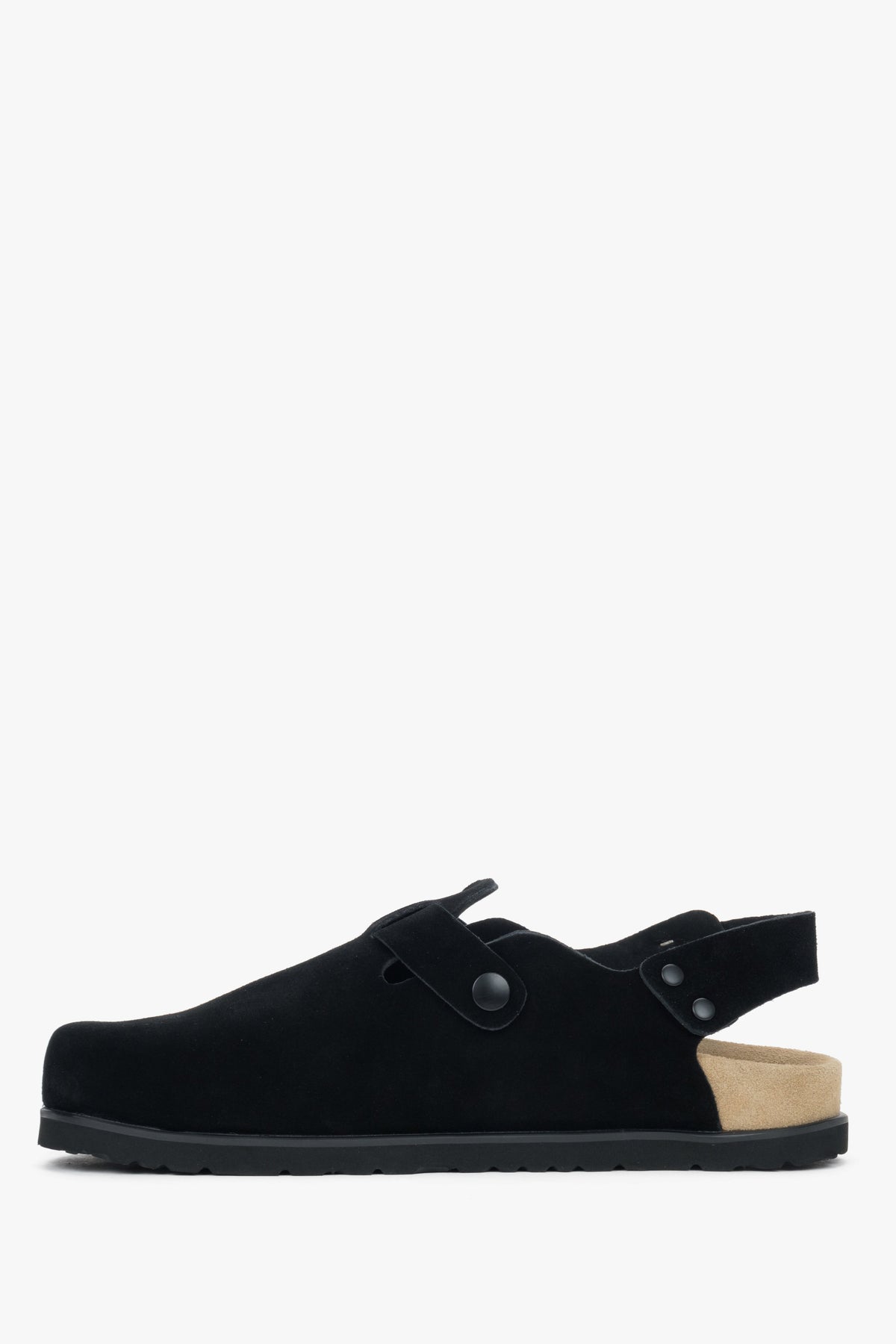Women's black closed-toe clog sandals made of genuine suede.