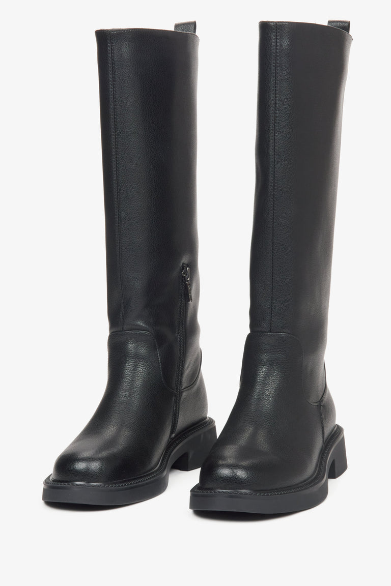 Genuine Leather Black Knee-High Boots for Women, Wide-Calf Design - a close-up on the toeline.