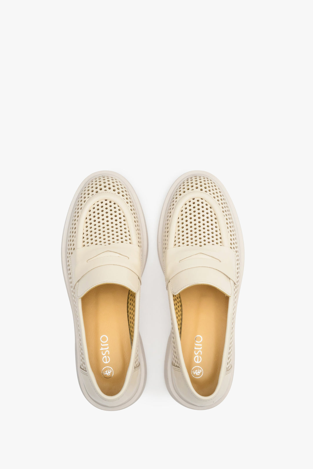 Comfortable women's light beige Estro fall loafers - top view of the footwear.