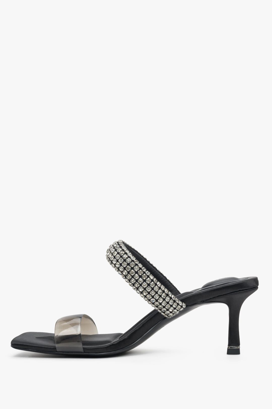 Women's black and elegant heeled mules with zirconia ornament, Estro brand.