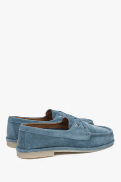 Blue Estro women's loafers, made of velour and laced in a nautical style.