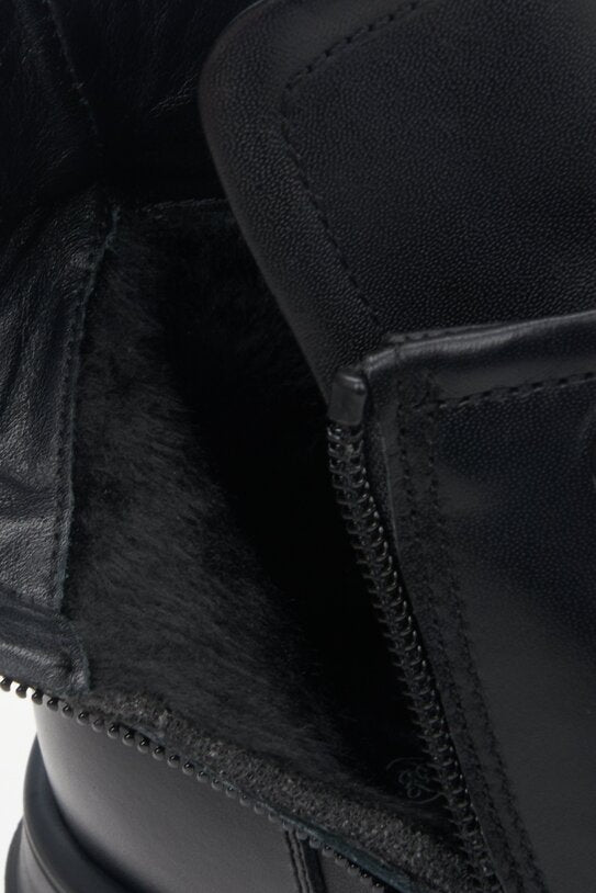 Women's leather black winter boots with warming lining by Estro - close-up of the interior of the shoe.