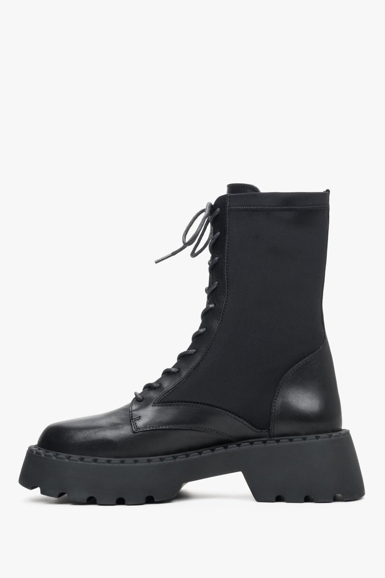 Women's black transitional leather boots with elastic upper by Estro - shoe profile.