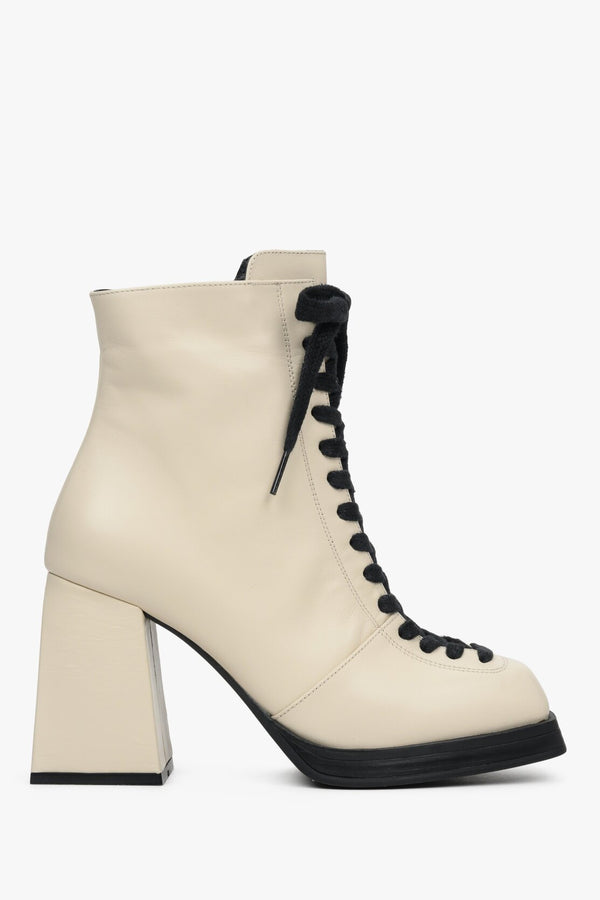 Women's beige  ankle boots with a heel made of genuine leather - shoe profile.