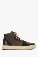 Dark brown men's high-top sneakers made of Italian leather and velour with insulation by Estro.