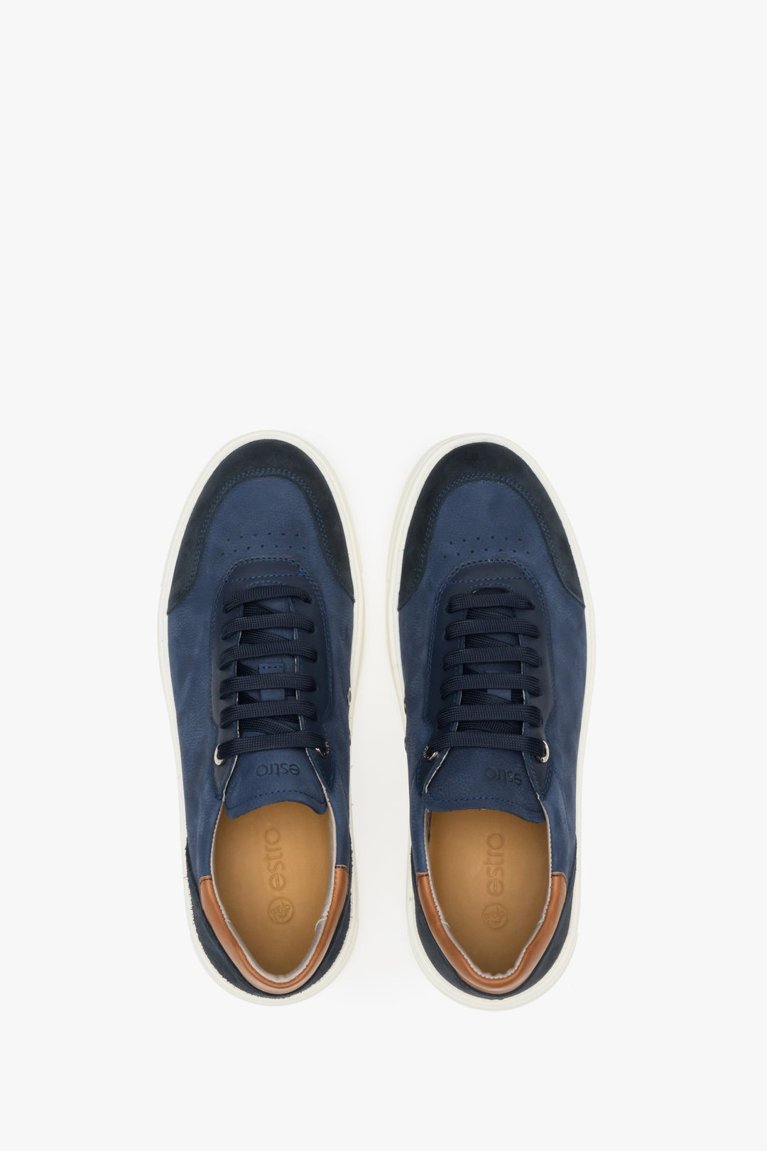 Blue, brown and white Estro men's nubuck and natural leather sneakers - shoe presentation from above.