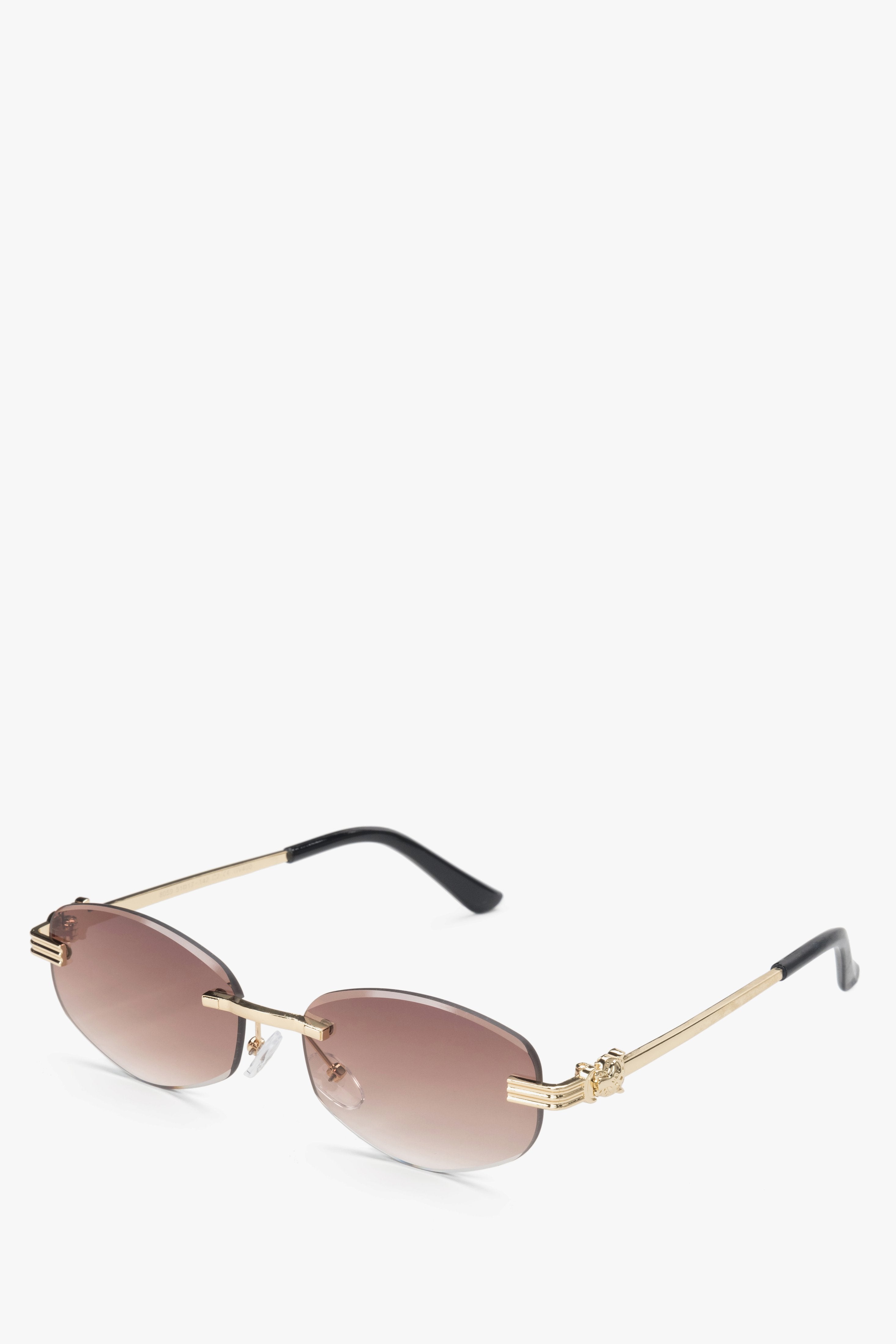 Brown and gold oval rimless sunglasses for women.