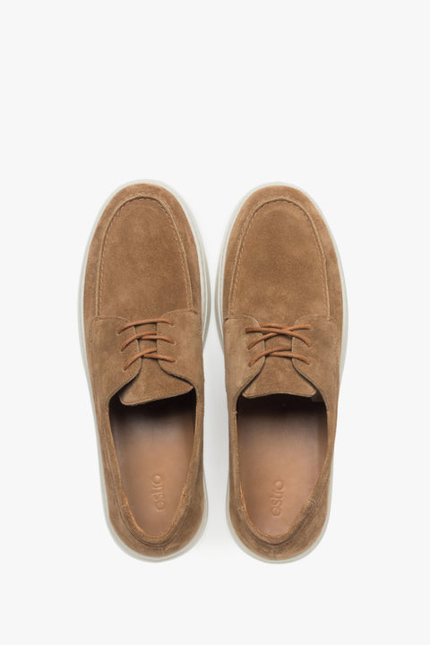 A pair of men's lace-up moccasins in brown, crafted from premium Italian velour.