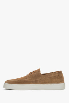 Brown lace-up moccasins for men, featuring a premium Italian genuine velour upper.