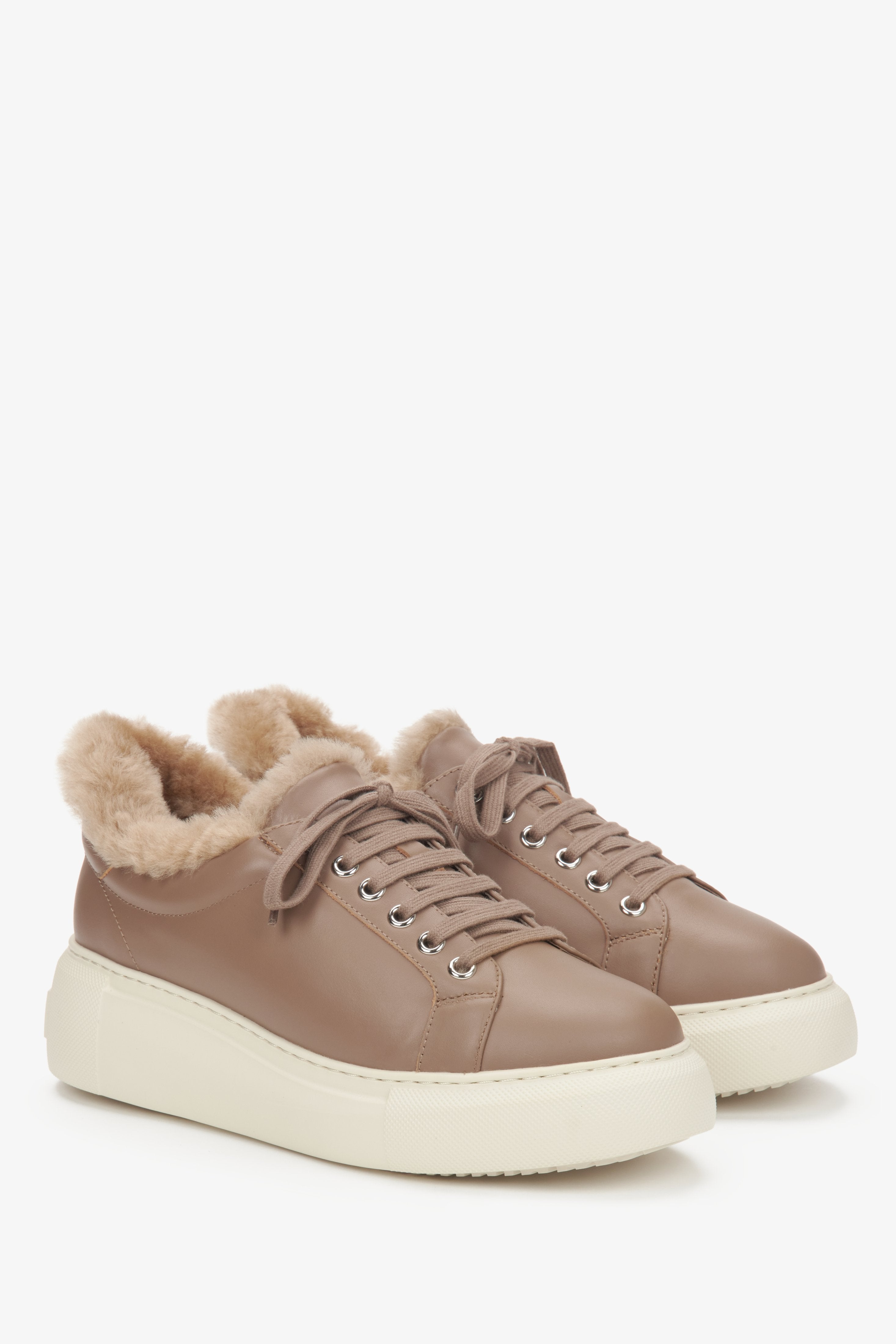 Women's Brown Low-Top Winter Sneakers with Fur Lining ⠂ESTRO