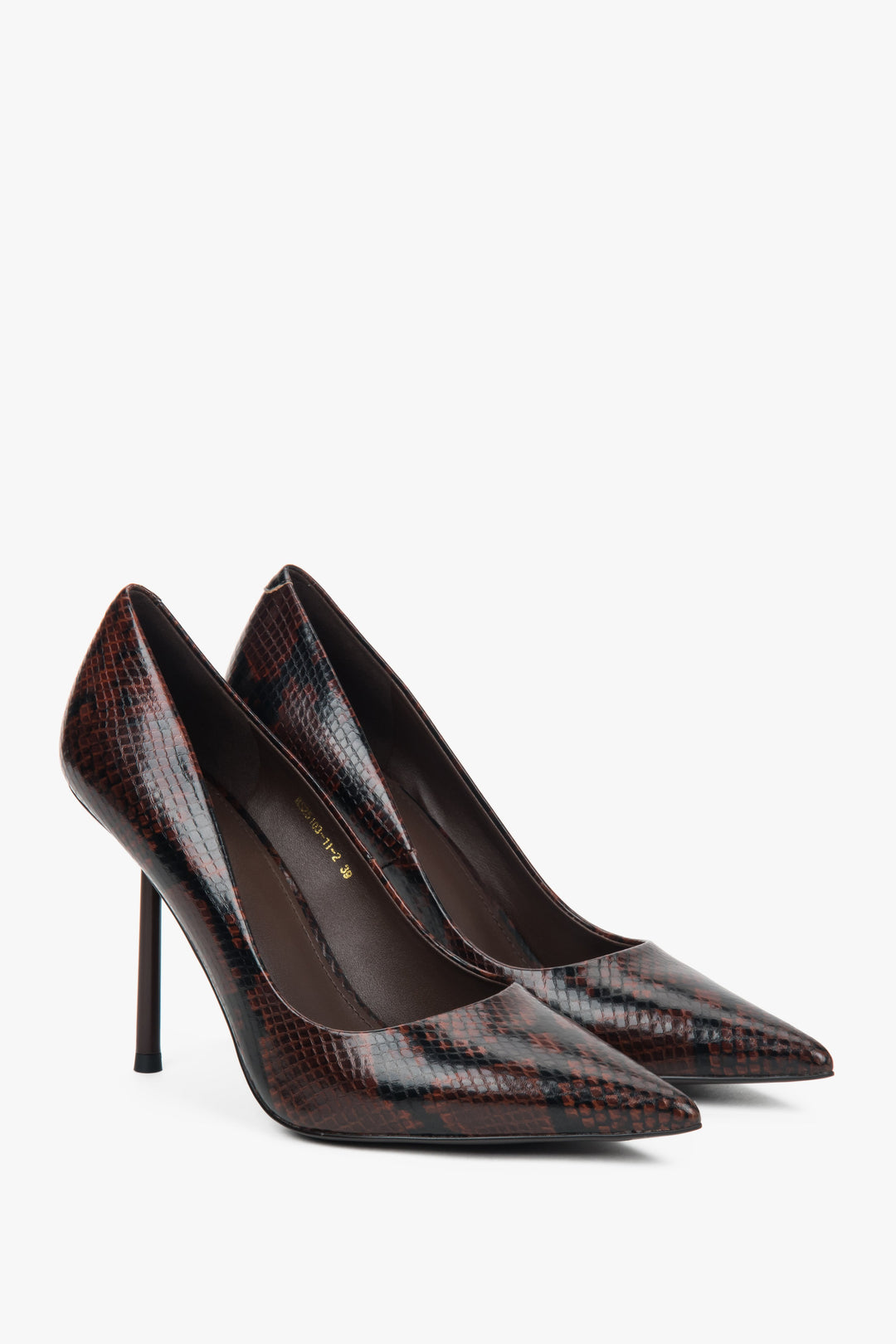 A pair of women's high heels in a brown snake-effect finish.