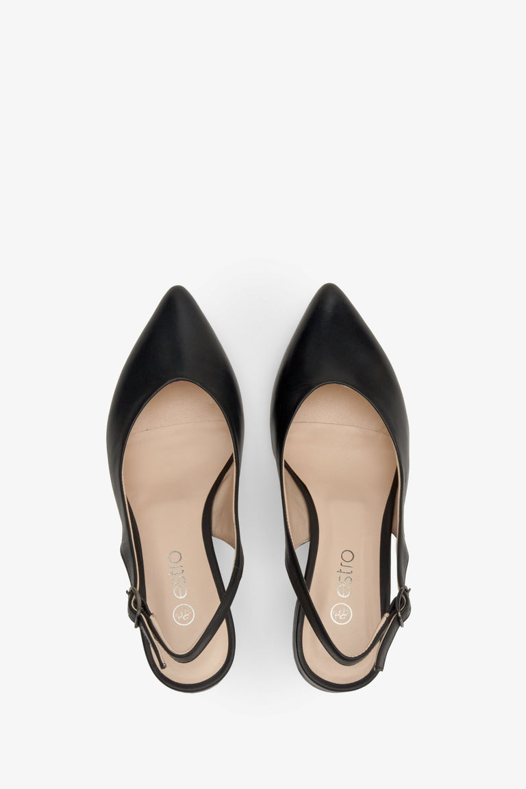 Women's black open-back pumps by Estro - top view shoe presentation.