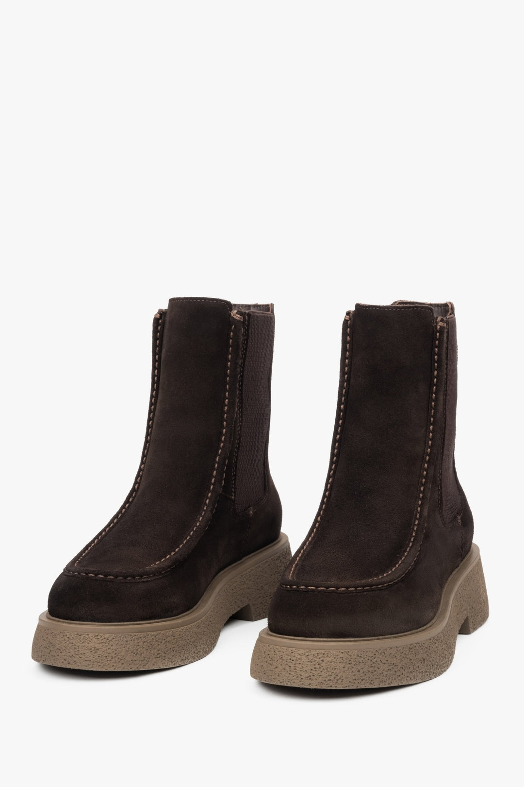 Dark brown women's velour chelsea boots by Estro - front view of the model.