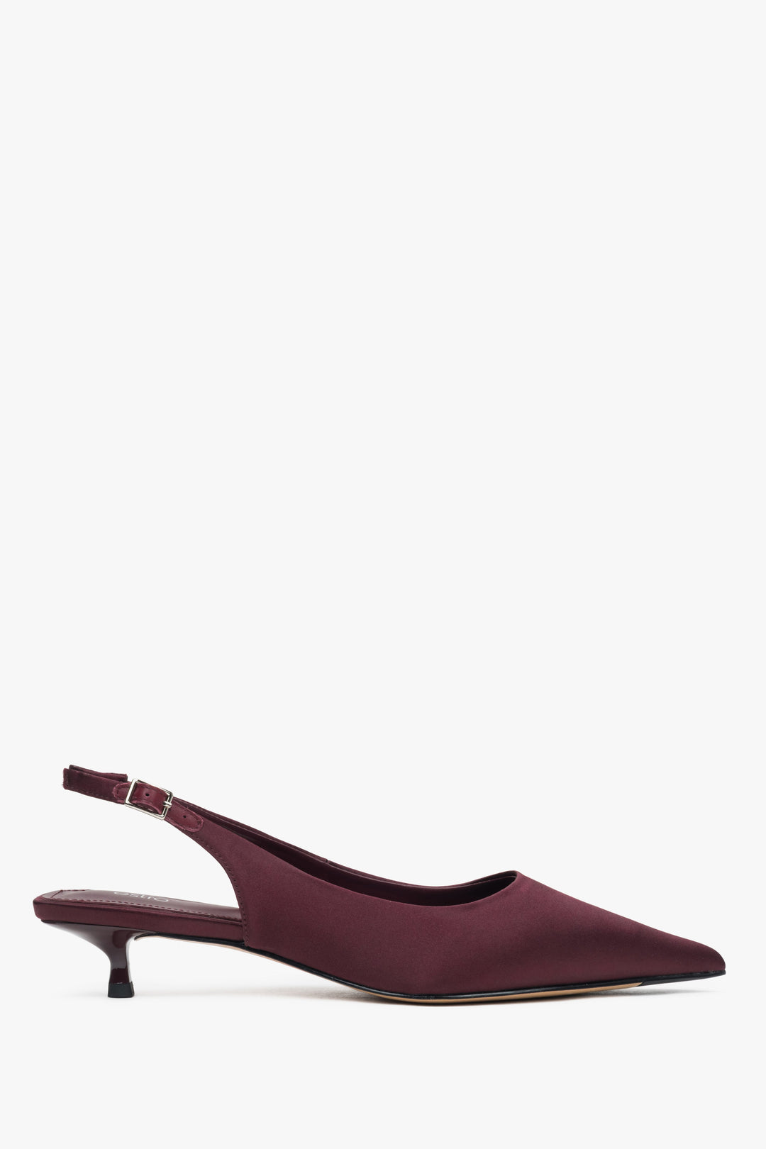 Burgundy women's slingback pumps with a low heel and open back.