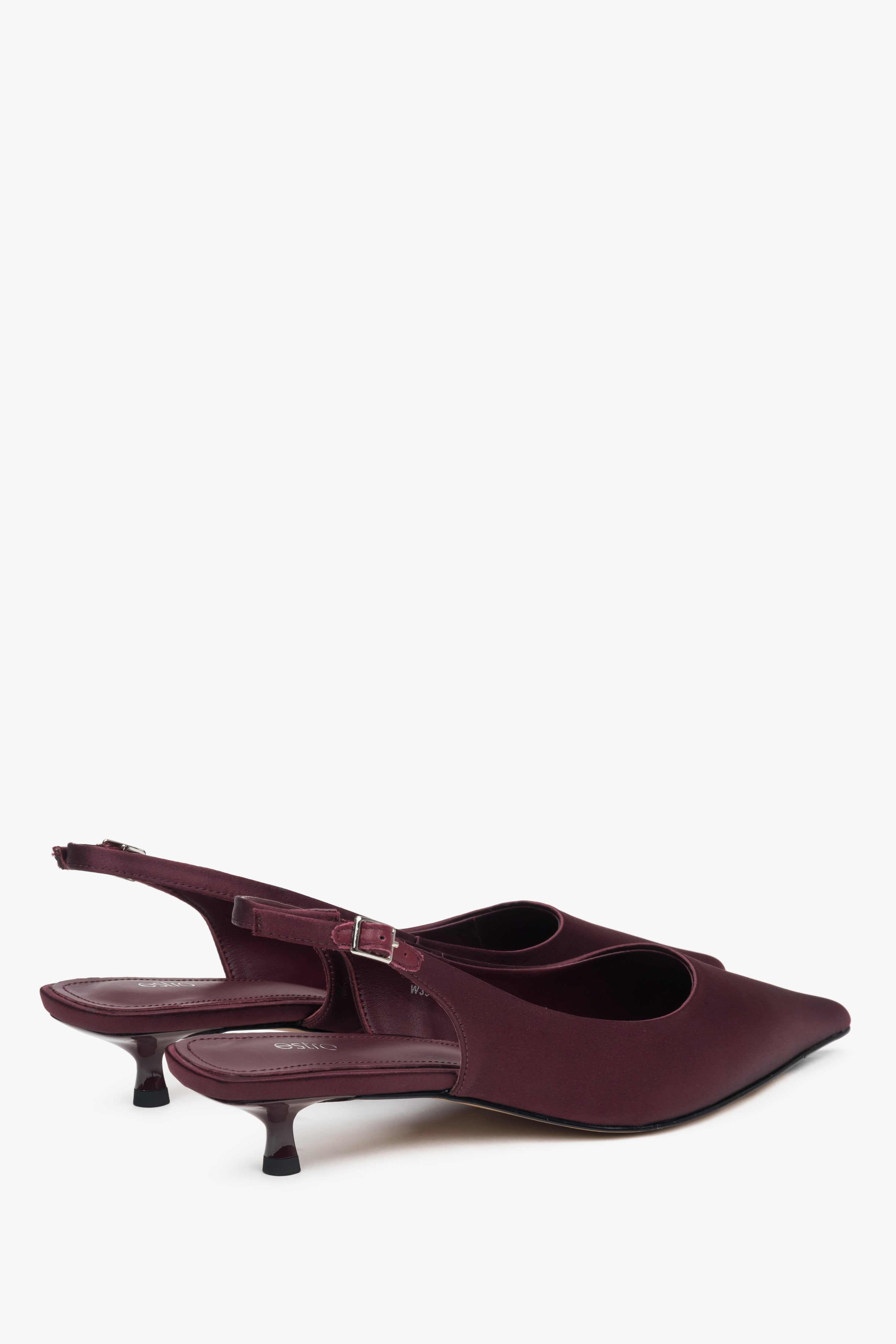 Burgundy women’s slingback pumps with open heel, low heel, estro – back view.