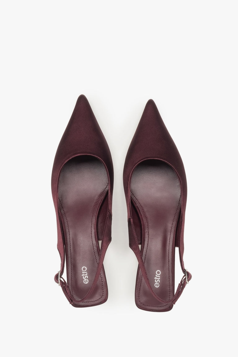 Women’s burgundy slingback pumps with an open heel, low heel, estro – top view.
